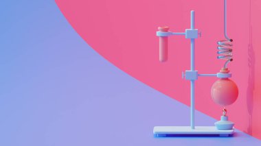 Violet ve Magenta 'nın arka planında test tüpü ve lamba. Pankart ve logo için yer var. Bilim deneyi konsepti, 3B görüntüleme