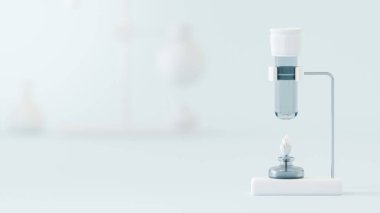 Laboratuvarda mavi-yeşil arka planda beyaz test tüpü ve lamba. Pankart ve logo için yer var. Asgari ve pastel tonlar konsepti, 3D render