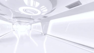 Bilimsel laboratuvar ya da Bilimkurgu Koridoru. İki kamera açısı. Teknoloji geçmişi ve bilim konsepti. Canlandırma, 3B Hazırlama.