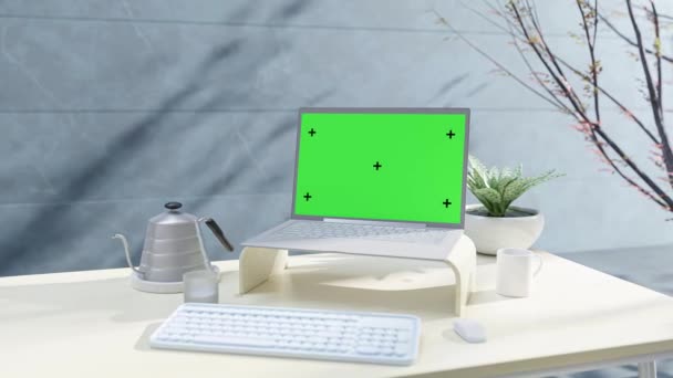 Laptop Mock Work Desk Wall Plant Side Light Shadows Tree — Stock Video