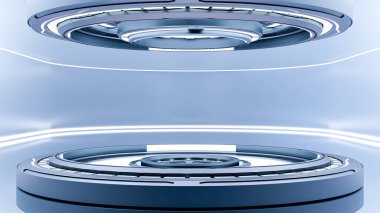 Teknoloji geçmişi. Güç podyumu boş. Bilim kurgu fikri. Teknolojik elementlerin yenilik arka planı, 3B Render.