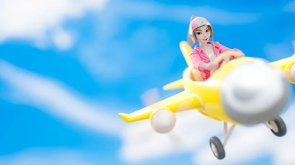 Beautiful girl in pink pilot costume. She was enjoying drive flying yellow plane on the bright sky. Space for banner and logo. Cartoon character, 3d rendering