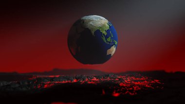 Globe floating on red lava. Smoke and light from the side. Selective focus on the surface of the globe. Global warming idea concept, 3D Render.