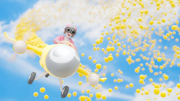 Beautiful girl in pink pilot costume. She was enjoying drive flying yellow plane on the bright sky. Space for banner and logo. Cartoon character, 3d rendering