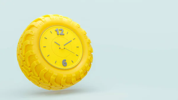 Relógio Amarelo Forma Pneu Carro Amarelo Fundo Azul Verde Copie — Fotografia de Stock