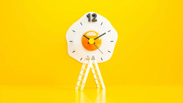 Relógio Forma Ovo Frito Meio Sala Amarela Escada Madeira Colocada — Fotografia de Stock