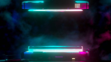 Parlak neon lambaları ve çok renkli dumanlarıyla güç podyumu boş sahnesi, gösterinin sunumu. Gelecekteki bilim kurgu kavramının sahnesi. Teknolojik elementlerin yenilik arka planı, 3B Render.