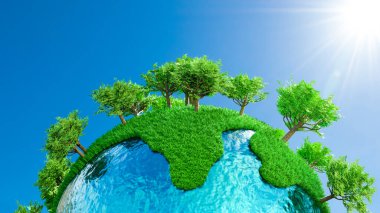 Çimen ve ağaçlarla dolu bir dünya. Yan taraftan parlayan güneş ışığı ve yüksek kontrastlı. 3B Hazırlama.
