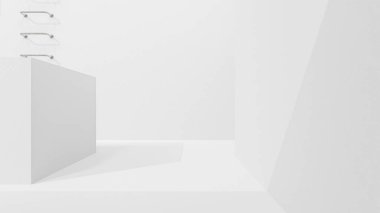 Soyut arkaplan. Beyaz oda karesi üst üste biniyor ve merdivenler metalden. Asgari fikir konsepti, 3B Render.