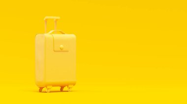 Minimum konsept. Sarı arka planda sarı deri bavul. 3B Hazırlama.