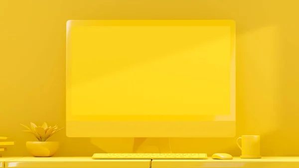 Pantalla Vacía Del Monitor Amarillo Computadora Coloca Escritorio Concepto Idea — Foto de Stock