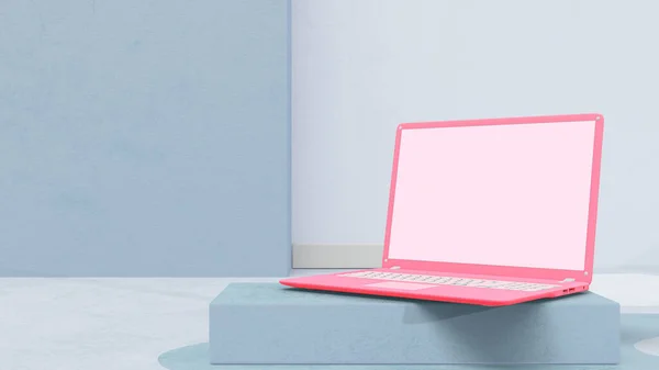 노트북으로 장식을 최소화 파란색 있습니다 컴퓨터 미니멀리즘 — 스톡 사진