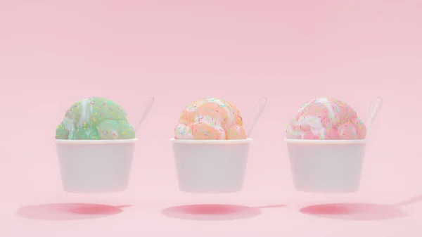 アイスクリームピンク オレンジ ピンクの背景に白いカップに緑のパステルカラー 上からの光 最小限のアイデアコンセプト 3Dレンダリング — ストック写真