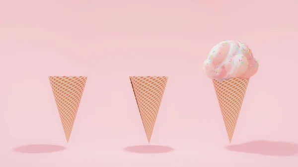 ピンクの背景にピンクのアイスクリームコーン 最小限のアイデアコンセプト 3Dレンダリング — ストック写真