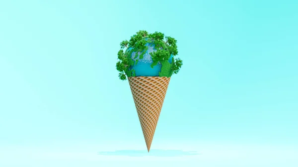 Globe Full Grass Ice Cream Cone Blue Background Global Warming — Stock Photo, Image