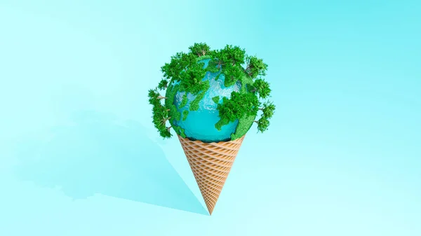 在冰淇淋锥上布满青草的球状物 蓝色背景 全球变暖和最小的概念 3D渲染 — 图库照片