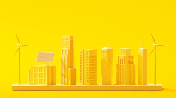 Minimum Konsept Sarı Bina Elektrikli Türbin Modeli Sarı Arka Planda — Stok fotoğraf