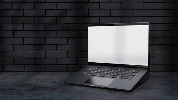 Laptop Mock Pantalla Vacía Frontal Pared Ladrillo Negro Sombra Árbol Imagen De Stock