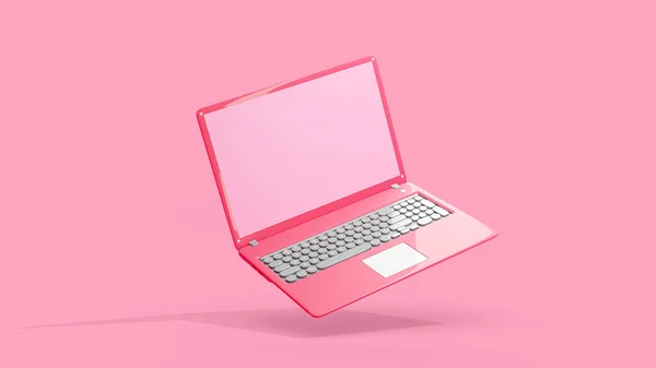 ピンクのノートパソコンの空のディスプレイサイドビュー 隔離されたモックアップコンピュータ 最小限のアイデアコンセプト 3Dレンダリング ストック画像