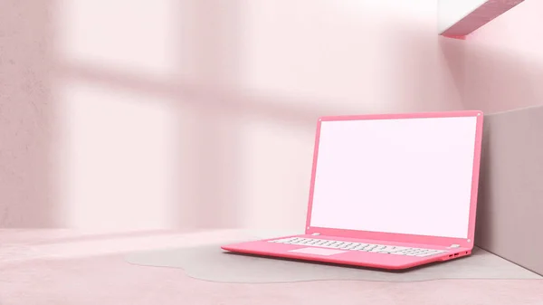 装飾が最小限のピンクのラップトップ セメントの床の木と窓からの影 モックアップコンピュータとミニマリズムの概念 3Dレンダリング ストックフォト