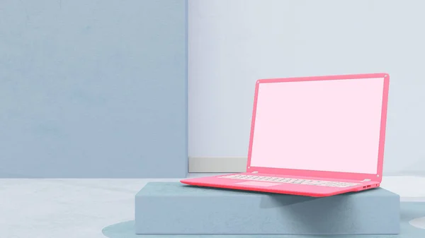 Laptop Merah Muda Kamar Biru Dengan Dekorasi Minimal Mock Komputer Stok Gambar Bebas Royalti