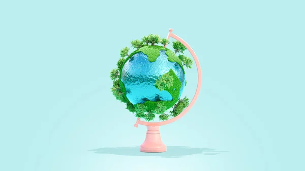 回転プラットフォーム上にライトトップと草や木の完全なグローブ ブルーを背景に 地球温暖化と最小限のアイデアの概念 3Dレンダリング ロイヤリティフリーのストック写真