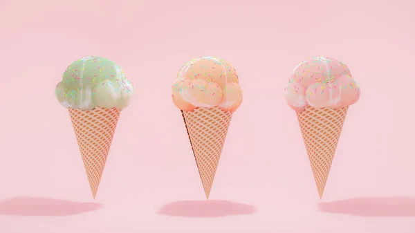 アイスクリームピンク オレンジ ピンクの背景に円錐形の緑のパステルカラー 最小限のアイデアコンセプト 3Dレンダリング ロイヤリティフリーのストック画像