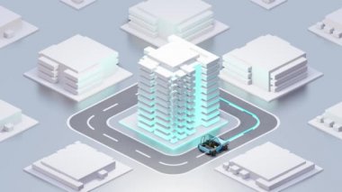 Mavi arabalar GPS navigasyonunu kullanarak iz sürerler. tasarım konsepti Minimal ve konum haritası pin animasyon döngüsü GPS, 3D Render.