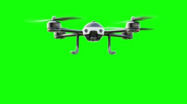 İHA beyazı yakın planda uçuyor. Yeşil Ekranda Animasyon Döngüsü. 3B Hazırlama.