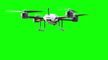 İHA beyaz renkli uçan animasyon. Yeşil Ekran 'daki kameradan uzaklaş, 3 boyutlu görüntüle.