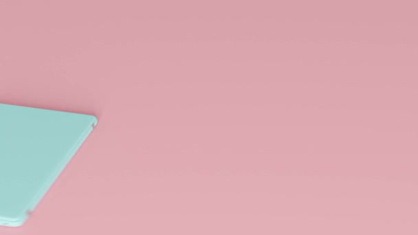 Blauwe Laptop Mock Animatie Roze Achtergrond Ontworpen Pasteltinten Minimaal Ideeënconcept — Stockvideo