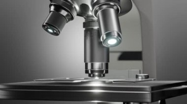 Bilimsel laboratuvar yakın çekimlerinde otomatik mikroskop. Bilimsel araştırma devam ediyor. Animasyon eğitim, bilim veya tıp endüstrisinde kullanılabilir. 3B Hazırlama.