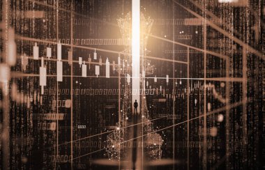 Forx grafik göstergelerinin arkasındaki satranç oyunu veya soyut arka plandaki borsa grafiği. Finansal bilgi ve dijital pazarlama stratejisi analizi sunma konsepti.