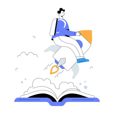 Roket üzerinde uçan adam kitap vektörü çizimi