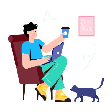 Laptoplu ve kedili adam odada. 