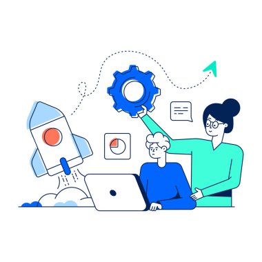 Dizüstü bilgisayarla çalışan insanlar. İş konsepti. vektör düz illüstrasyon