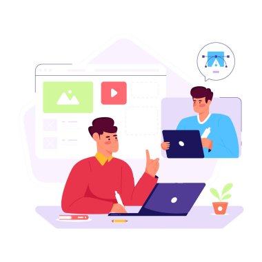 Ofiste dizüstü bilgisayarlarla çalışan genç adamlar. vektör illüstrasyonu