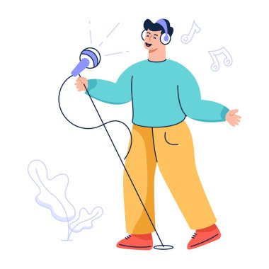 Mikrofonlu adam şarkı söyleme vektör çizimi tasarımı