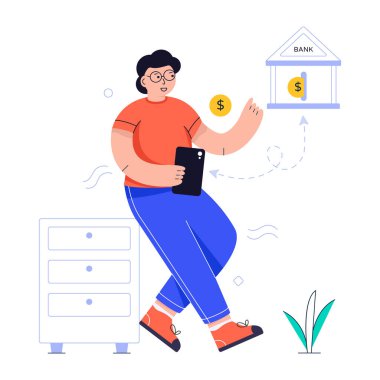 Akıllı telefon ve banka işareti olan kadın, vektör çizimi