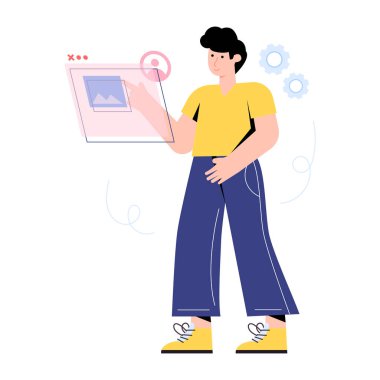 Genç adam web sitesi kullanıyor, vektör illüstrasyonu basit tasarım