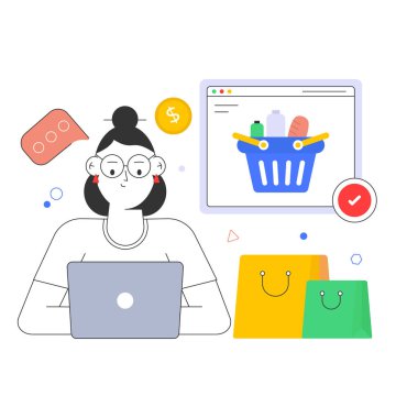 İnternetten alışveriş. Bilgisayarlı kadın. vektör illüstrasyonu