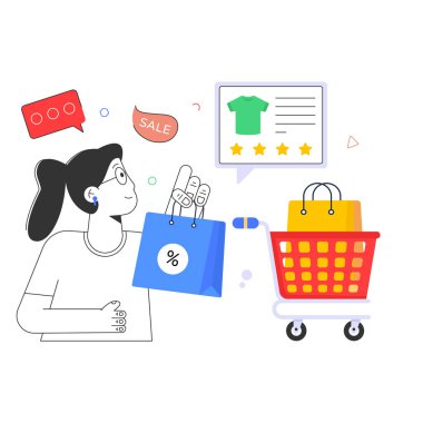 Alışveriş arabalı kadın, vektör çizimi