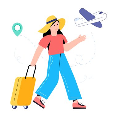 Bavulu ve seyahat vektörü çizimi haritası olan kadın
