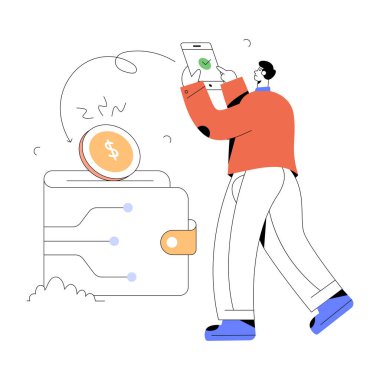 Akıllı telefon ve para vektör çizimine sahip bir adam