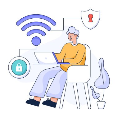 Dizüstü bilgisayarı ve akıllı telefon vektör çizimi tasarımı olan bir adam