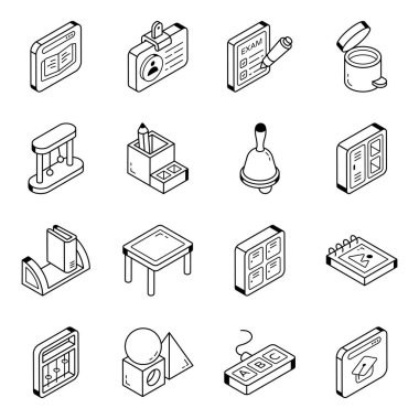 Gıda, mutfak, bilgisayar ve diğer vektör illüstrasyonlarının izometrik çizgi simgeleri