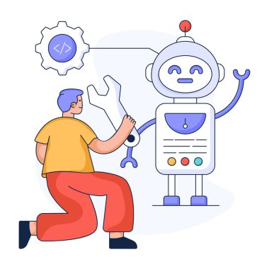 Bir robotla bir adamın vektör çizimi