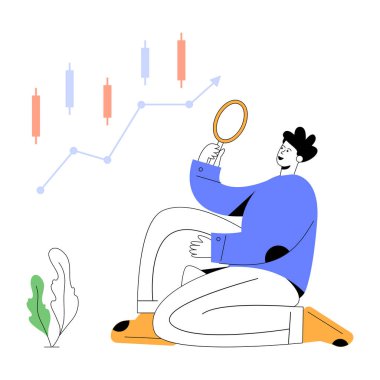 Büyüteç ve grafik vektör illüstrasyonlu adam