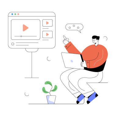 Tablet video öğretim konsepti web simgesi vektör illüstrasyonuna sahip adam