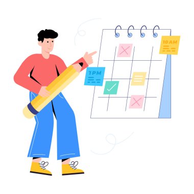 Beyaz arka planda kalem ve takvim olan bir adam. vektör illüstrasyonu